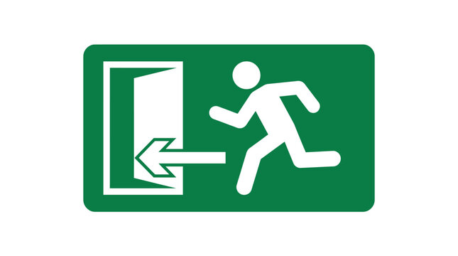 Green emergency sign depicting a running man figure moving toward an open door on the left side