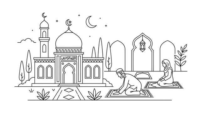 Ramadan Prayer Scene: Mosque, Moon, Stars, and Worshippers Praying