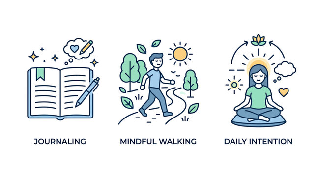 Self-care icons: Journaling, Mindful Walking, Daily Intention