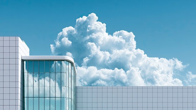 Modern glass building with blue sky and fluffy clouds, contemporary architecture exterior