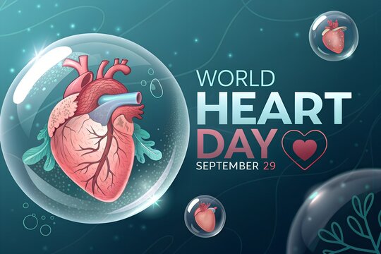 Anatomical human heart illustration encased within a transparent glass bubble floating on a dark teal background featuring bold white typography to celebrate world heart day on the twenty ninth septem