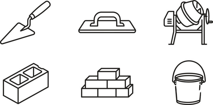 Construction tools and materials icons including trowel bricklayer cement mixer brick and bucket for building and renovation projects
