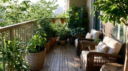 Fototapeta premium Cozy urban balcony garden with lush plants and outdoor seating for relaxing