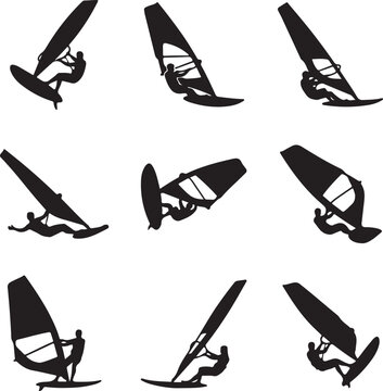 Windsurfing silhouette collection of 9 icons, black windsurfer vector set, extreme water sports athletes on boards with sails, ocean adventure graphics