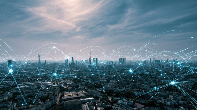 Futuristic digital network connecting city skyline with technology lines