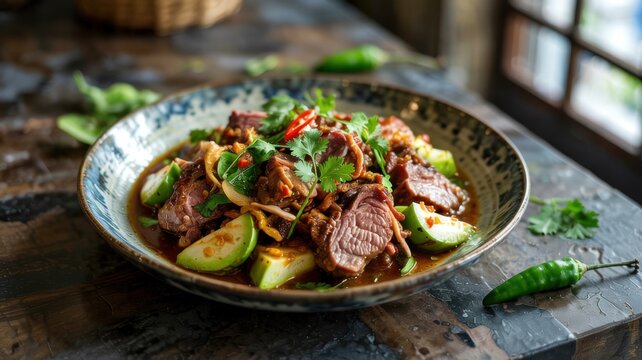 Indonesian cuisine. 
Tumis Babi Labu Siam is a traditional homemade Indonesian dish that combines pork and chayote (Mexican cucumber).