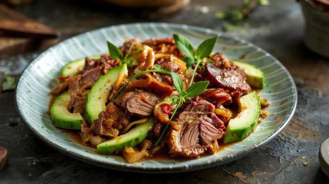Indonesian cuisine. 
Tumis Babi Labu Siam is a traditional homemade Indonesian dish that combines pork and chayote (Mexican cucumber).