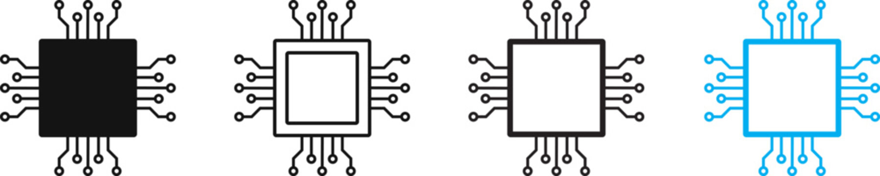 Processor Chip Icon Collection Modern CPU Microchip Circuit Symbols in Filled, Outline and Dual Color Styles for Semiconductor Technology, Digital Hardware, Electronics and Computer Engineering