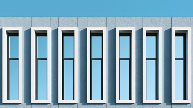 Modern building facade with vertically aligned windows and blue sky background