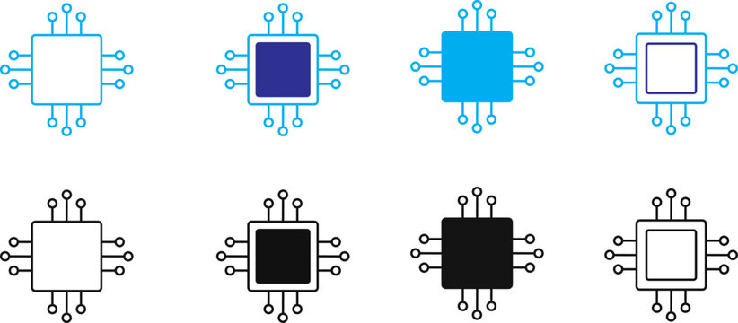 Processor Chip Icon Collection Modern CPU Microchip Circuit Symbols in Outline, Filled and Dual Color Styles for Semiconductor Technology, Electronics, Digital Hardware and Computer Systems