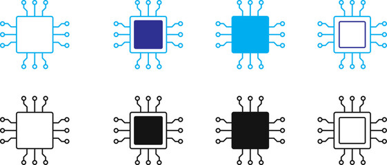 Fototapeta premium Processor Chip Icon Set Collection Modern CPU Microchip Circuit Symbols in Outline, Filled and Dual Color Styles for Semiconductor Technology, Digital Hardware and Electronics
