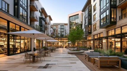 Fototapeta premium Modern urban outdoor shopping center with cafes, benches, and contemporary architecture