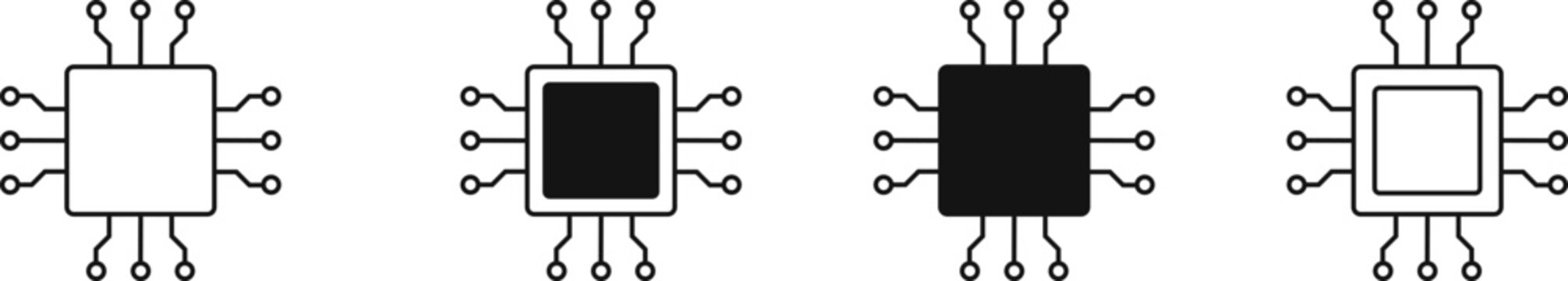 Processor Chip Icon Set Collection Modern CPU Microchip Circuit Technology Symbols in Outline and Filled Styles for Hardware, Electronics, Digital Systems and Semiconductor Design