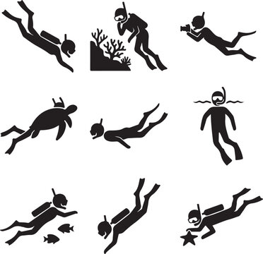 Scuba diving icon set, black silhouette divers with underwater equipment, 9 vector pictograms of snorkeling and marine exploration activities