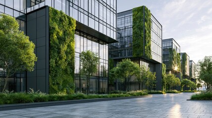 Obraz premium Modern Office Complex with Glass Facade and Greenery in Urban Environment