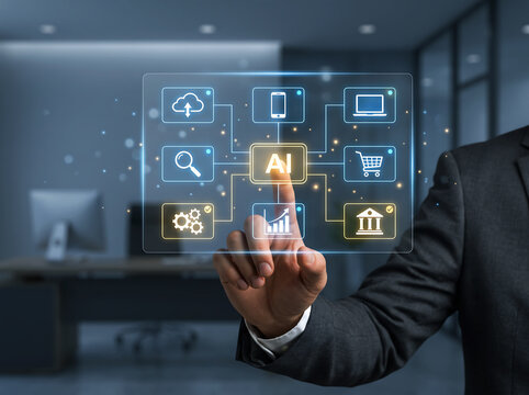 Businessman interacting with ai powered technology interface in modern office