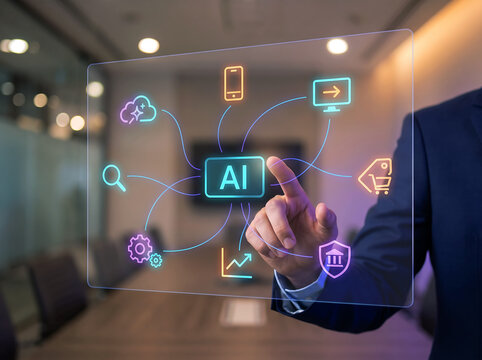 Businessman interacting with ai technology interface in modern office