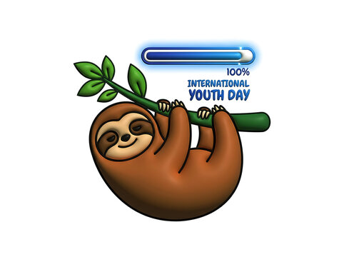 International youth day sloth hanging from tree branch with 100 charged battery