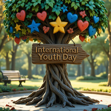 International Youth Day Celebration Concept with Inspirational Tree, Colorful Heart and Star Decorations, Wooden Sign, Community Unity, Hope, Education and Youth Empowerment Theme