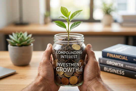 Hands holding a glass jar filled with coins and growing plant