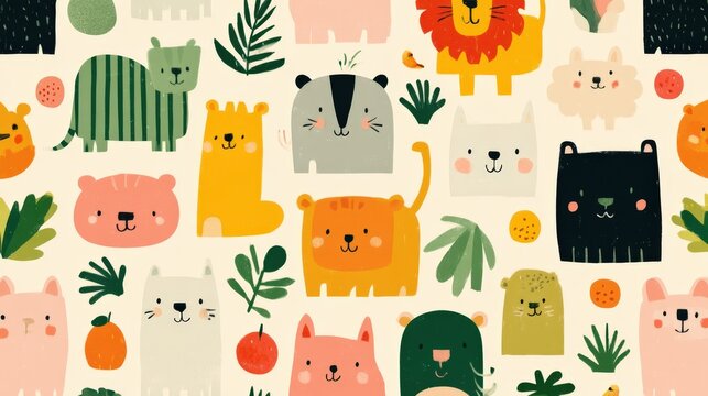 Global Tiny Animal wallpaper Cute Cartoon Animal Illustration featuring Various Animals and Green Foliage in Bright Playful Style a watercolor animal parade wallpaper