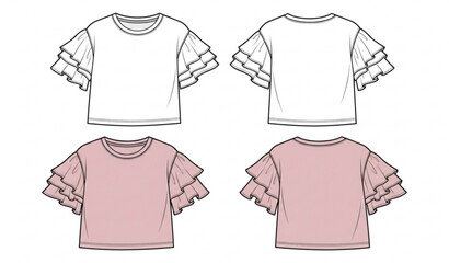 Women's ruffle sleeve T shirt technical fashion flat sketch with front and back CAD template isolated on white background © ajgar