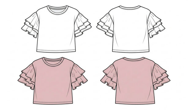 Women's ruffle sleeve T shirt technical fashion flat sketch with front and back CAD template isolated on white background