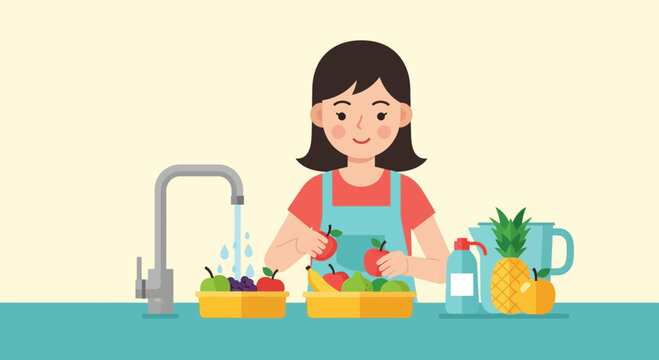 Young girl washing colorful fruits under a faucet in a kitchen sink, preparing a healthy meal