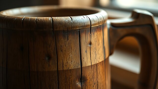 Close-up of an ancient scratched wooden beer mug in soft window light.