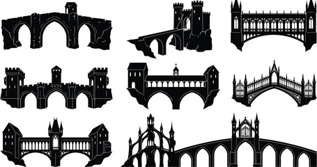 Fototapeta premium Medieval Gothic Bridge Silhouette Vector Set