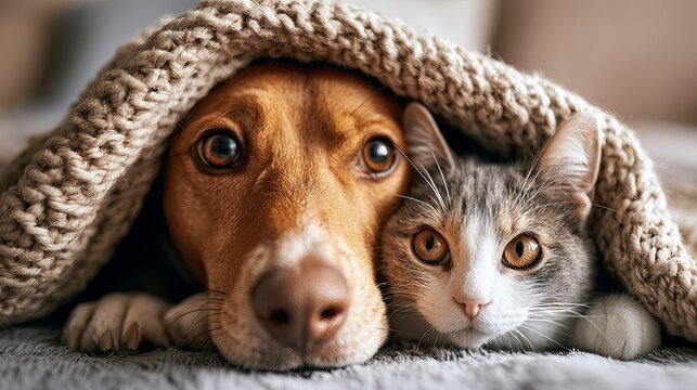 Cute dog and cat sharing cozy blanket indoors, close-up of pet companionship and warmth