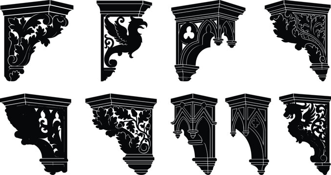 Ornate Architectural Bracket and Corbel Silhouette Vector Set