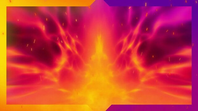 Fire flames rise in vibrant orange and red hues within a stylized geometric frame border.