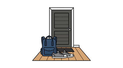 Naklejka premium A blue backpack and gray sneakers sit on a wooden floor before a closed door