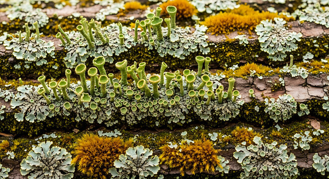 Closeup macro view of vibrant green pixie cup lichen and moss growing on rough tree bark
