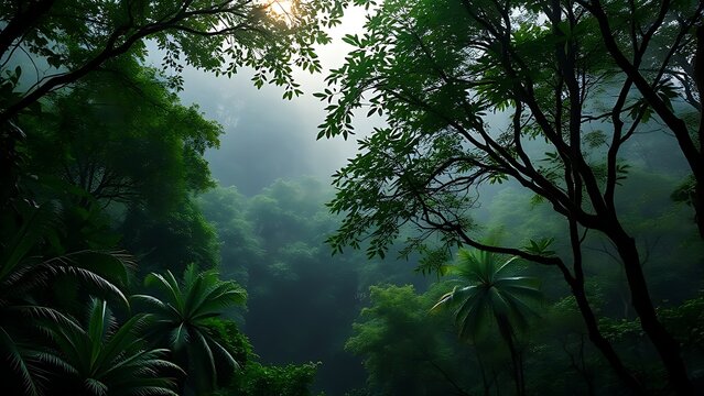 Tropical rainforest canopy emerging from morning mist, serene natural landscape.