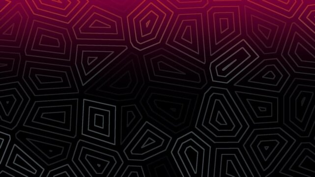 Geometric pattern features interconnected polygons creating a structured grid against a dark gradient.