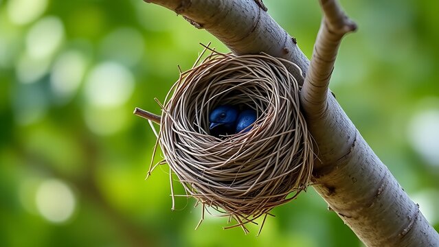 A bird's nest nestled in a tree branch with an intricate woven structure.