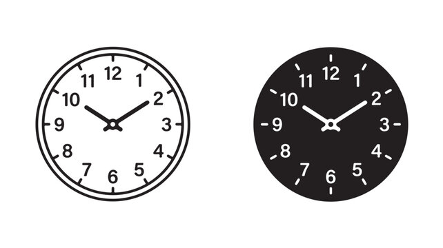 Two simple analog clock faces with black and white designs on plain background for time concepts
