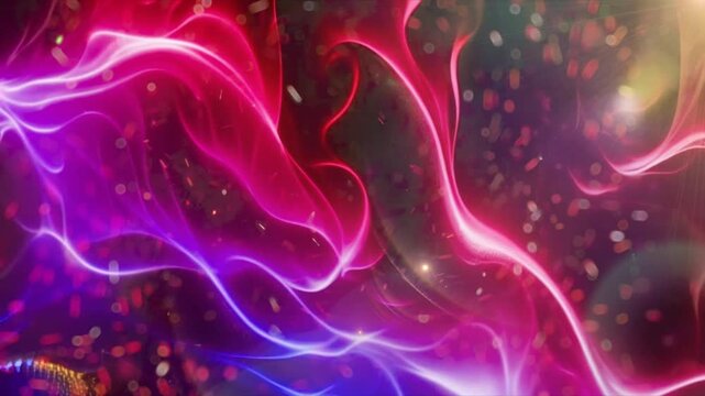 Abstract light patterns swirl in a vivid display of pink and blue glowing energy against a dark void.
