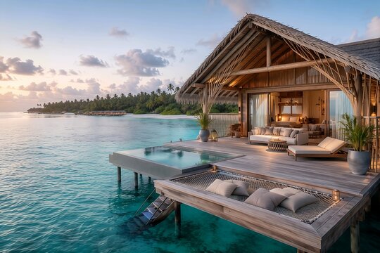 luxury eco resort bungalow over crystal clear turquoise water