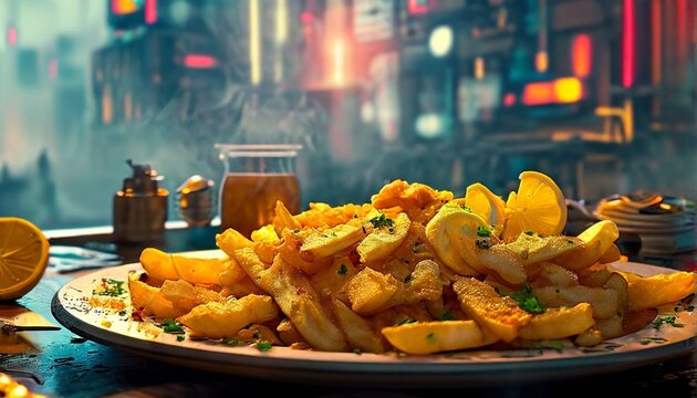 A plate of fish and chips with tartar sauce and lemon wedges.