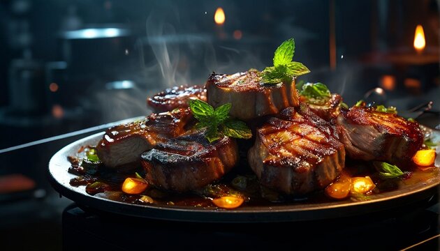 A plate of grilled lamb chops with mint jelly.
