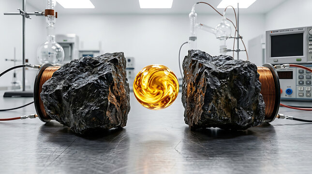 Futuristic science experiment with energized glowing orb between two electromagnet coils and rocks