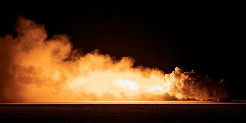 Fototapeta premium Explosive volcanic eruption with fiery ash cloud and dark night sky scene