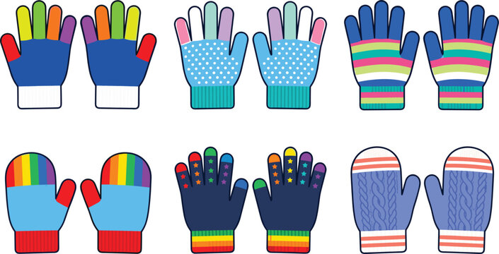 Colorful Winter Gloves And Mittens Vector Set With Striped Pattern Design For Kids Knitted Warm Hand Wear Illustration