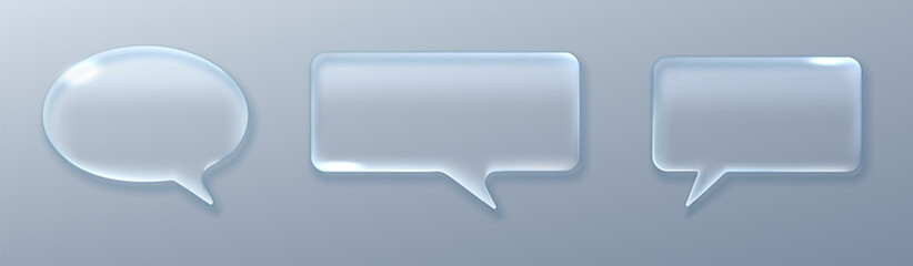 Fototapeta premium Modern glass morphism speech bubble collection with liquid transparency effects. Realistic 3D icons isolated on light background.