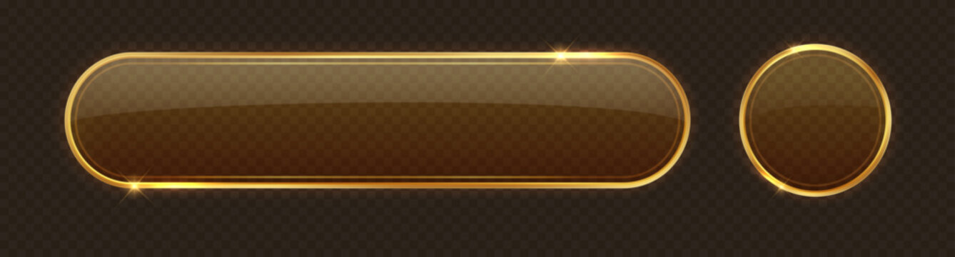 Glass golden button. Transparent panel with luxurious gold frame. Isolated realistic vector