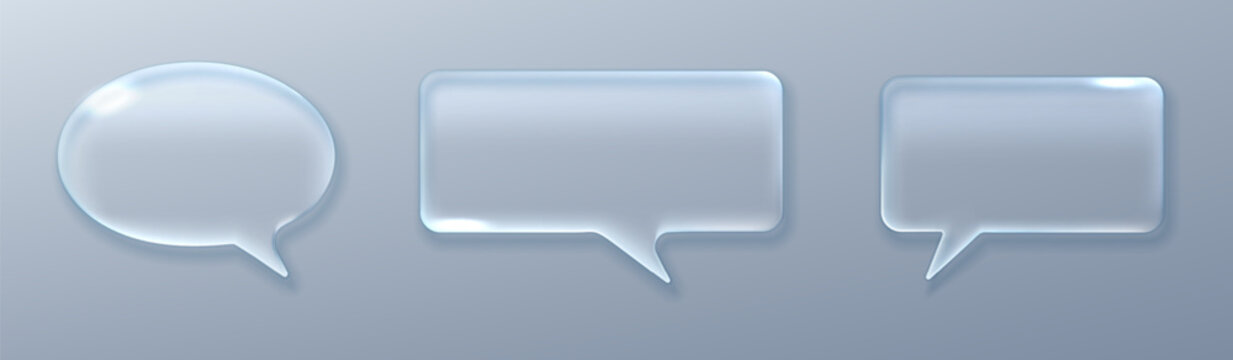 Modern glass morphism speech bubble collection with liquid transparency effects. Realistic 3D icons isolated on light background.