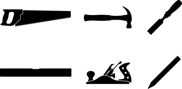 Carpentry woodworking hand tool silhouette set displaying saw hammer chisel and level pack